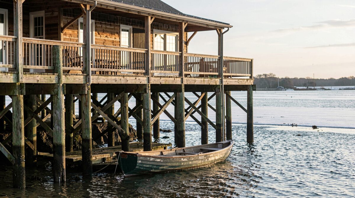 A wooden lodge deck on pilings above cold bay water at low morning light, a skiff tied to the float below, tide line visible on the posts, wide framing from the water side.
