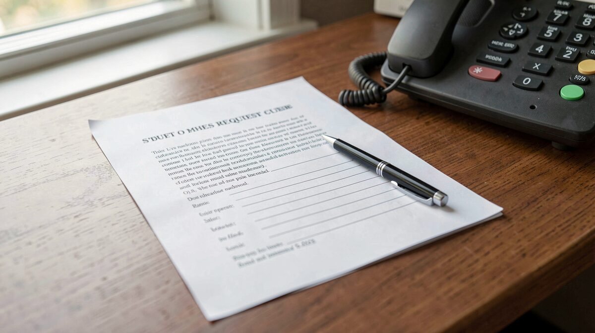A printed quote request form on a wooden desk beside a phone handset, with a pen resting on the page and a window casting soft morning light from the left.