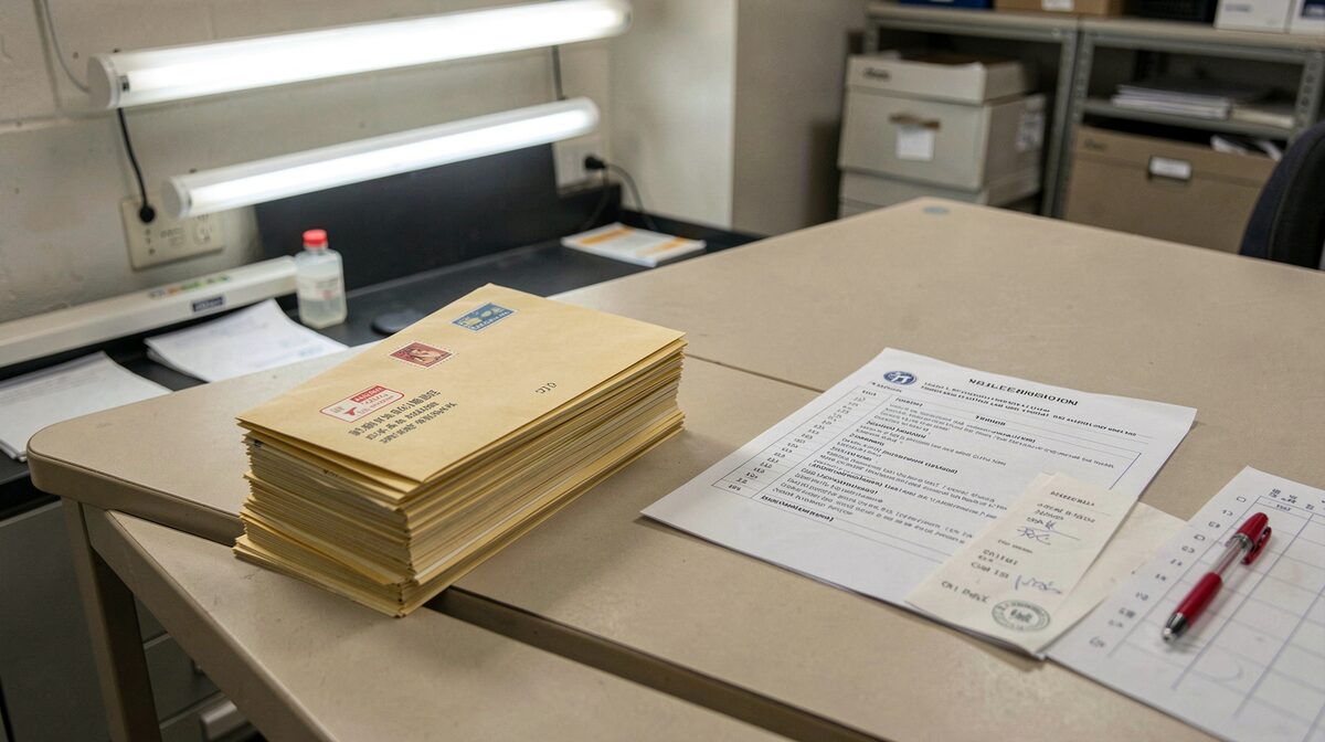 A flat sorting table in a mail room under fluorescent light, one stack of addressed envelopes beside a printed directory page, a red pen and a tally sheet at the edge of the frame, shot from above at a slight angle.