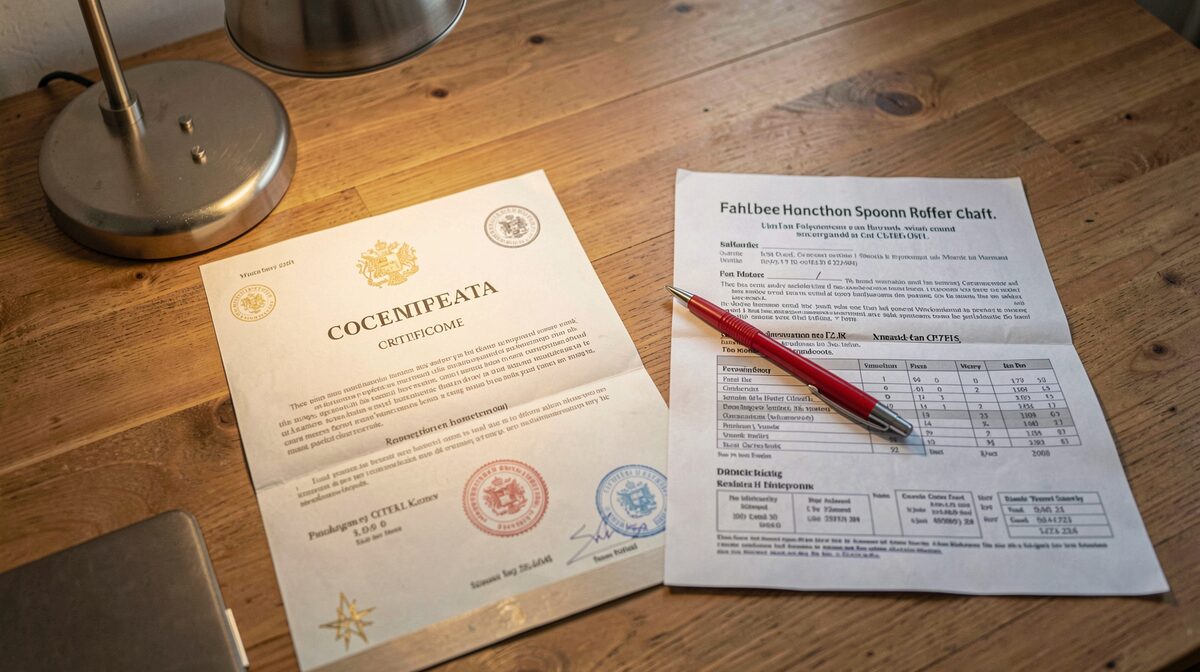 A printed certificate and an offer sheet lying side by side on a wooden desk under a desk lamp, a red pen resting across the certificate, close crop from above.