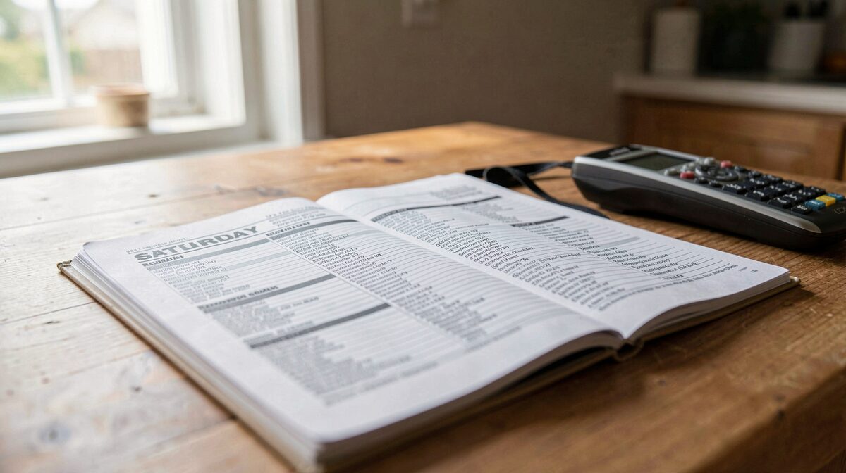 A printed Saturday classified page open on a kitchen table beside a phone, morning light from a side window, the rental column in sharp focus and the rest of the page soft.
