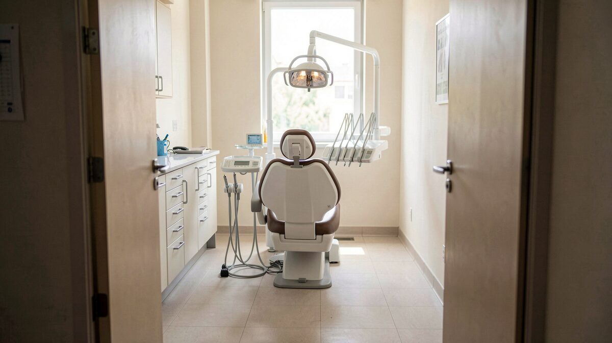 A dental treatment room photographed from the doorway in daylight, with the chair centered, a side counter of instruments, and a clear aisle leading from the entry to the chair.