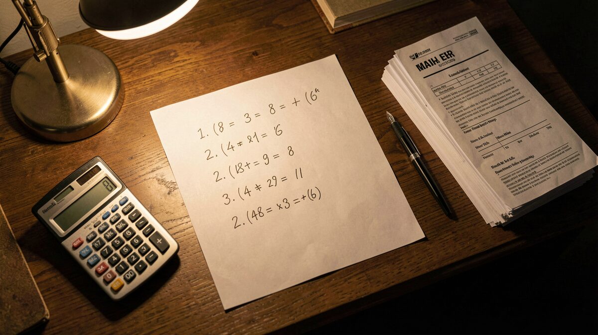 A founder's desk at night with a single sheet of paper showing five handwritten lines of arithmetic, a calculator and a stack of mailers under a warm desk lamp, shot from above at a slight angle.